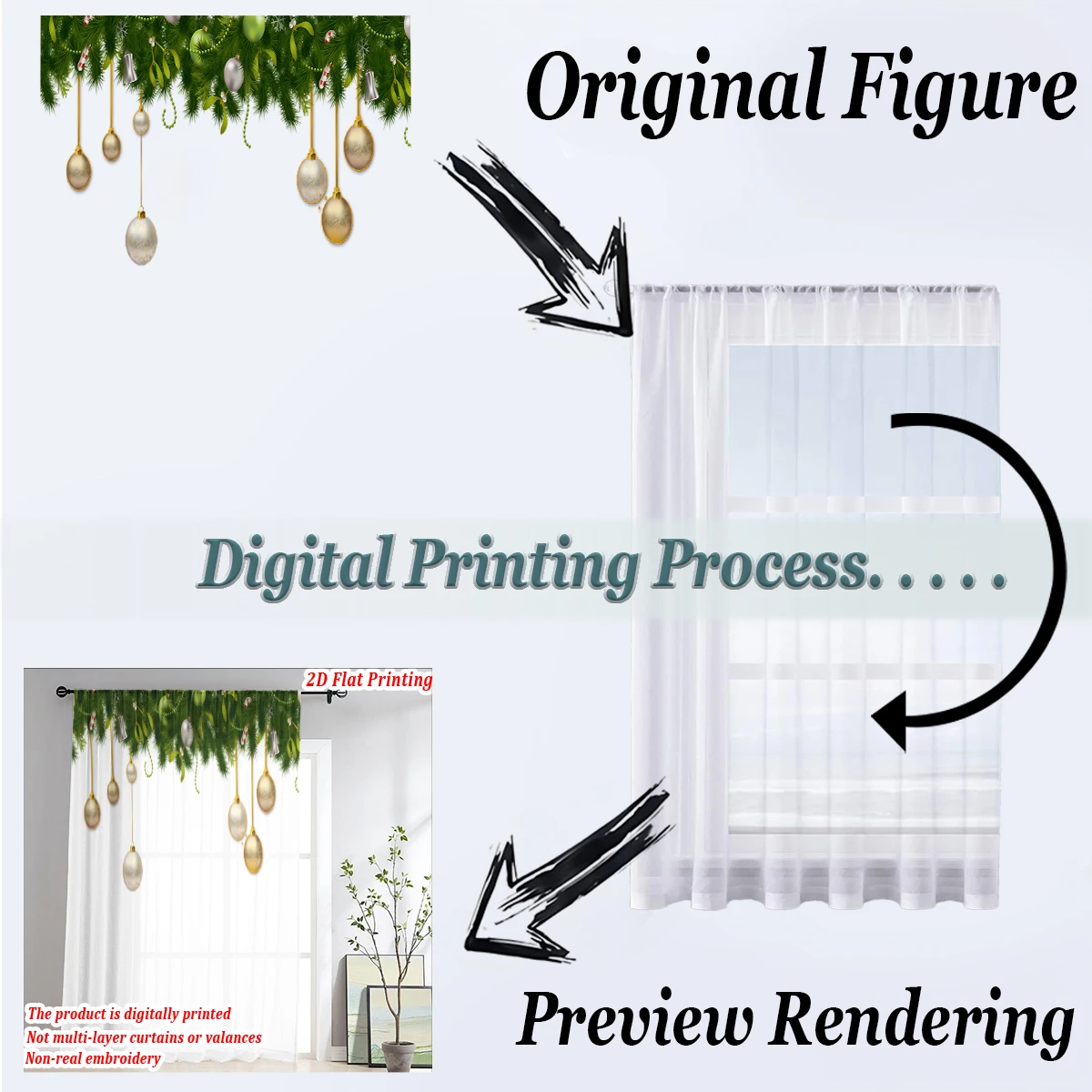 ستارة شفافة مطبوعة مسطحة لعيد الميلاد مع كرة عيد الميلاد فروع الصنوبر الحلوى لغرفة المعيشة وغرفة النوم وحفلات العطلات