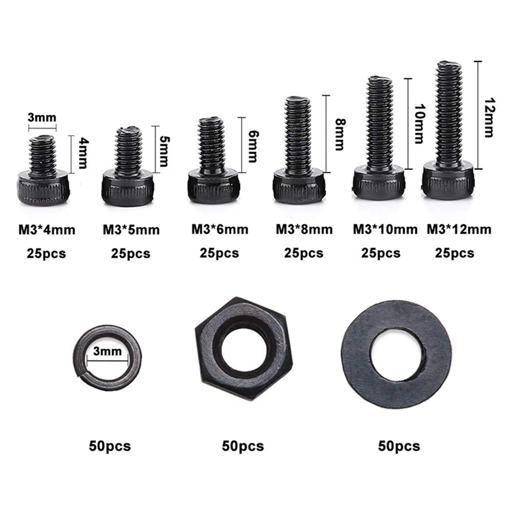 

AB42-600 Pcs Nuts Bolts Set Hex Bolts Nut And Washer Assortment Screws Bolts M3 Tool Kit With Plastic Box (Black)