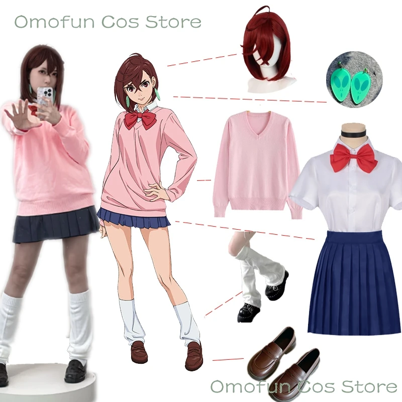 Momo Ayase Cosplay Costume Wig Anime Dandadan School JK Uniform Earrings Pink Sweater Skirt Halloween Party Women