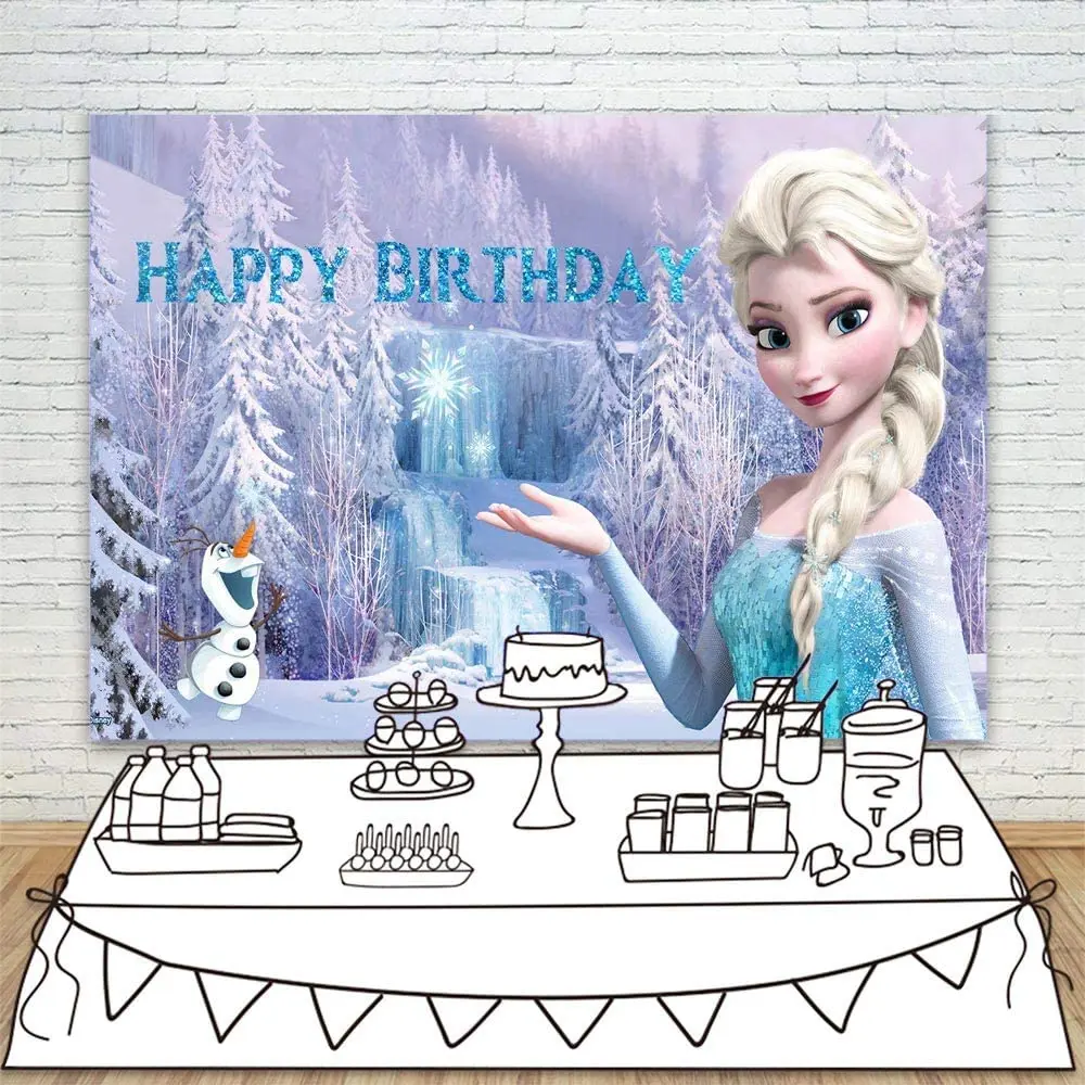 Disney Cartoon Frozen Snow Forest Anna Elsa Olaf Girls Photography Backdrop Custom Product Princess Birthday Photo Background