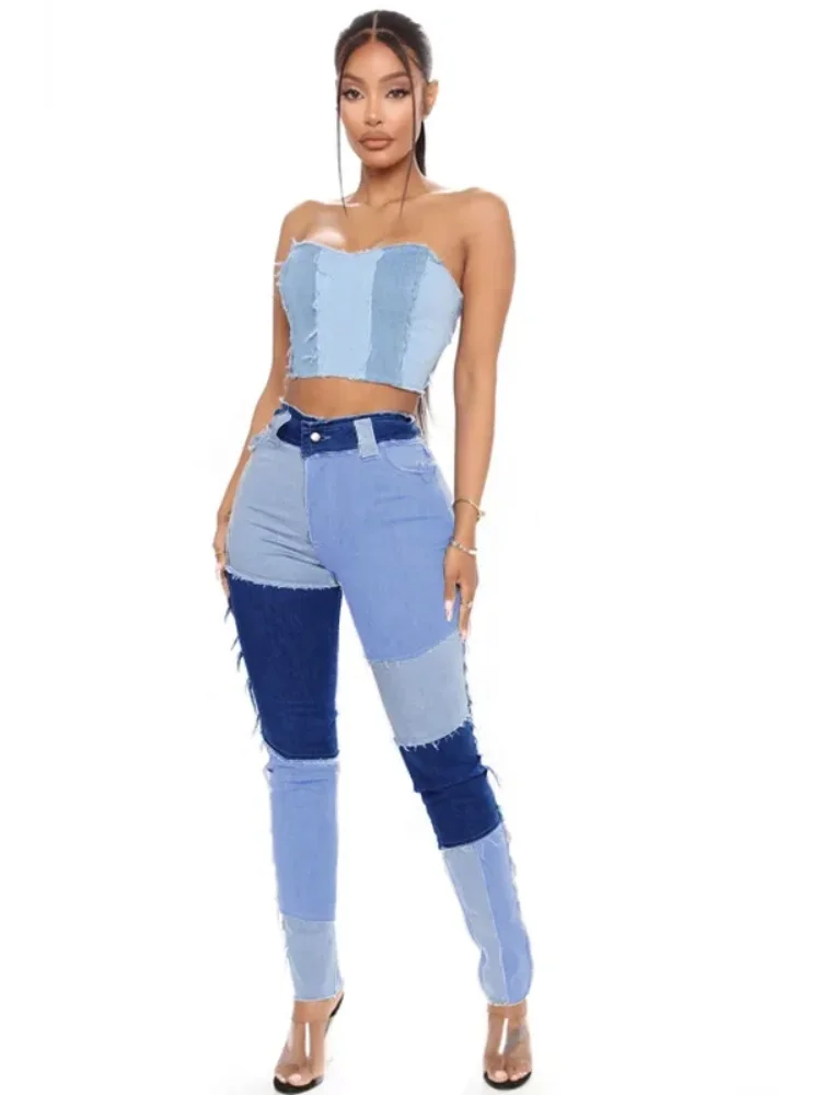 High Waist Women Jeans Slim Fit Denim Pants Casual Patchwork Color Sexy Skinny Pencil Pants Stretch Ladies Denim Trousers S-3XL