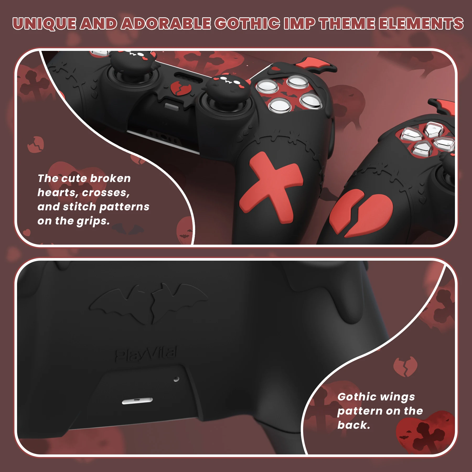 PlayVital Gothic Imp Black Silicone Case for PS5 Controller – Anti-Slip Protective Cover with 4 Thumb Grips & 6 Stickers