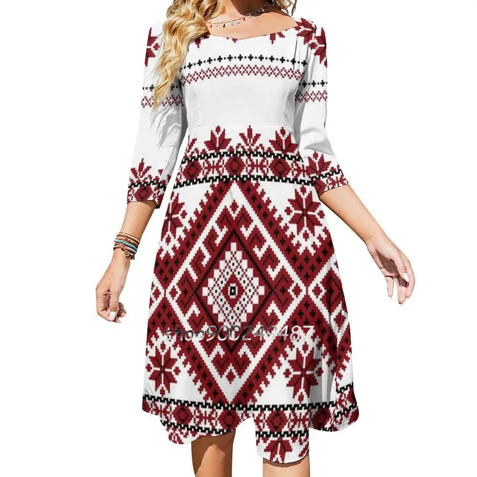 Traditional Romanian Motif Sweet Elegant Dress Women Korean Kawaii Square Collar Dress Graphic Design Ethnic Romania Romanian