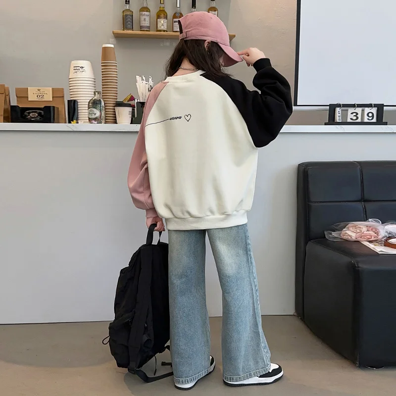 New Korean Children Patchwork Sweatshirts with Heart For Girls Spring Clothing Outerwear Kids Cotton Long Sleeve Pullover Tops - Image 4