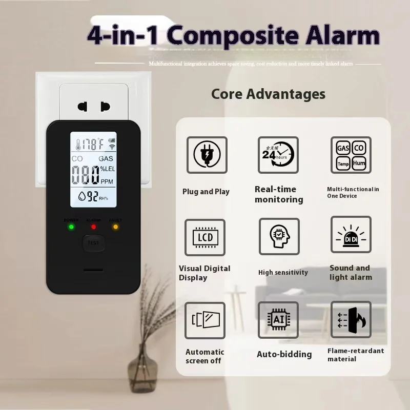 2025 Gas Detector Carbon Monoxide Alarm 4 in 1 CH4 CO Temperature Humidity Sensor High Sensitivity Home Safety Security Device