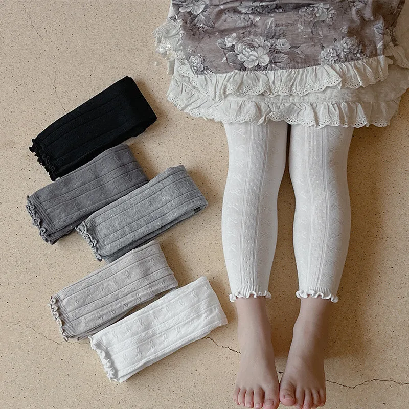 Pantalones cálidos de primavera para niñas, mallas de algodón de Color sólido para bebés, pantalones ajustados con flores de encaje, mallas para niñas, pantalones para niños