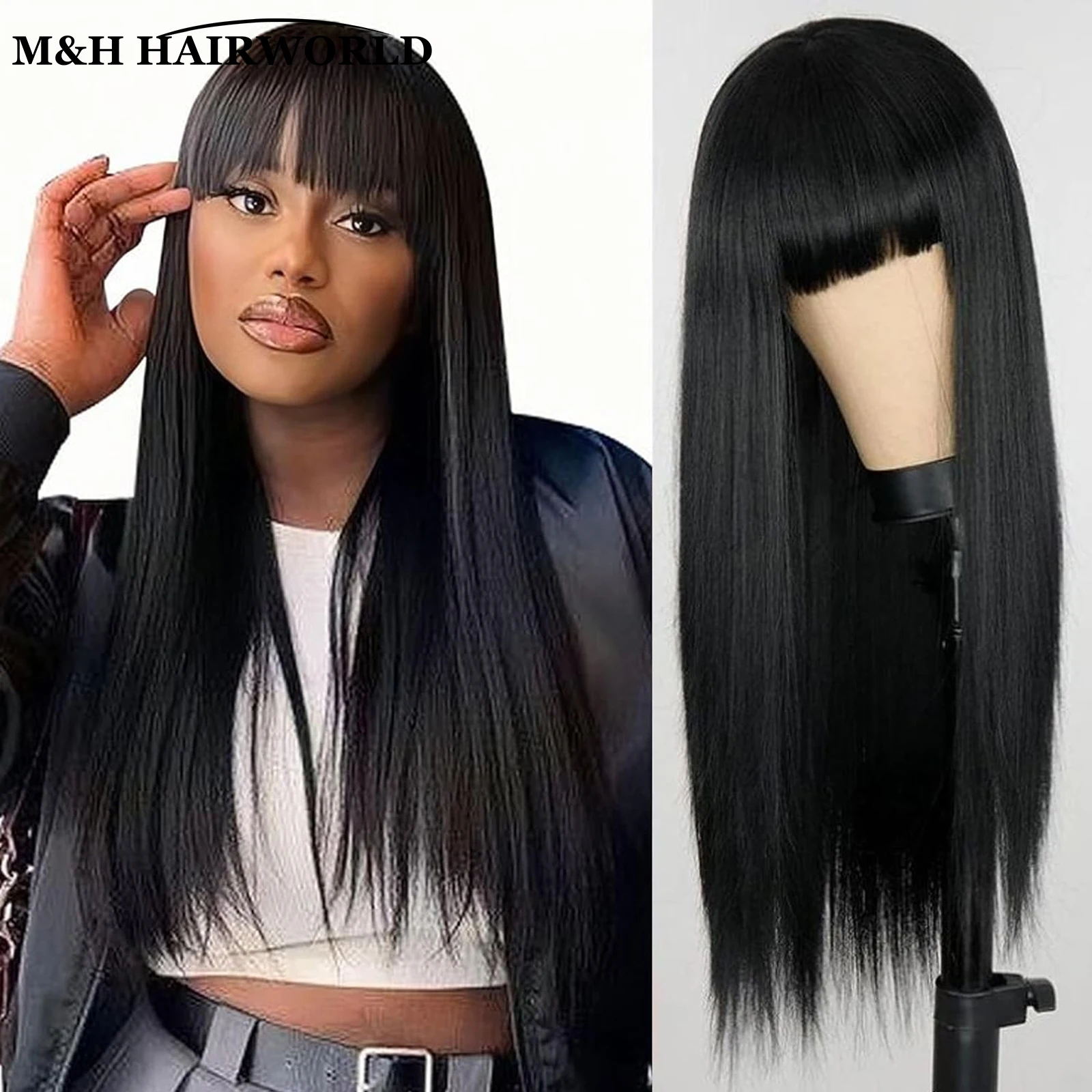 Black Colored Synthetic Hair Wigs For Women Long Silky Straight Hair Wig With Bangs Glueless Wigs For Daily Party Cosplay Wear