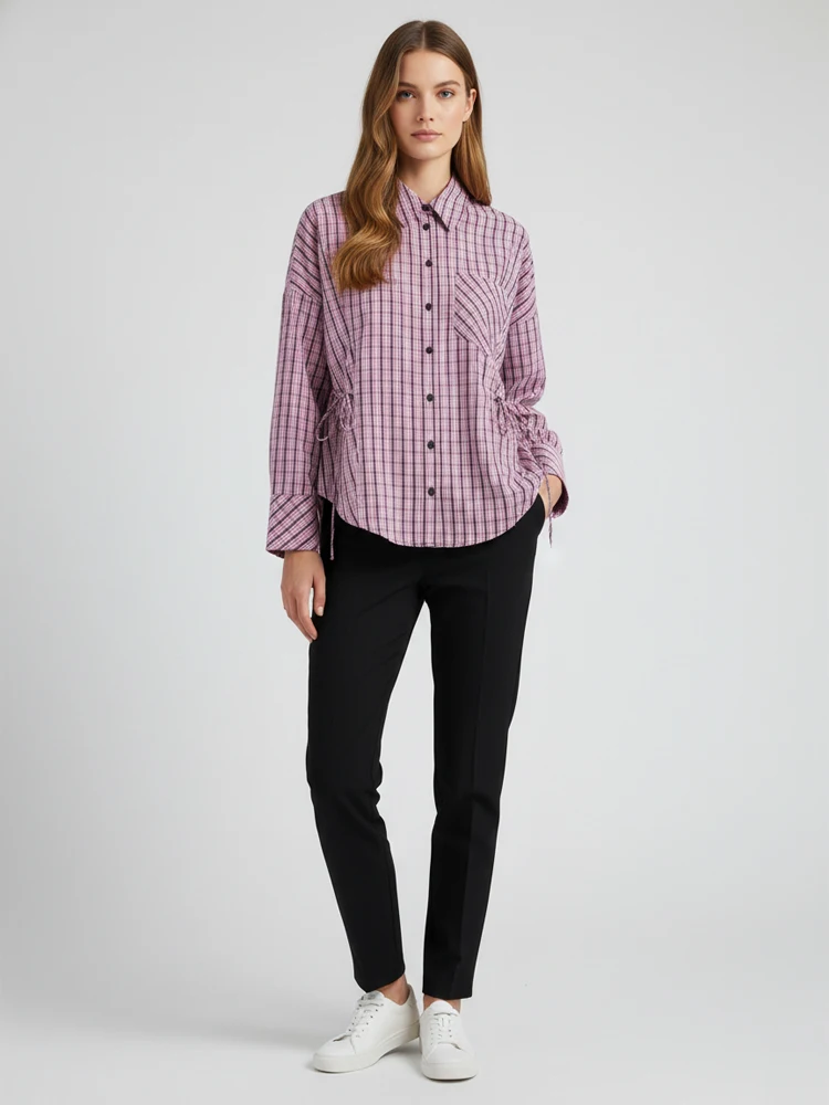 Women's Trendy Plaid Shirt Elegant A-line Tie-waist Top High Waist Slim 2026 New Spring Summer All-match Daily Casual Date Wear