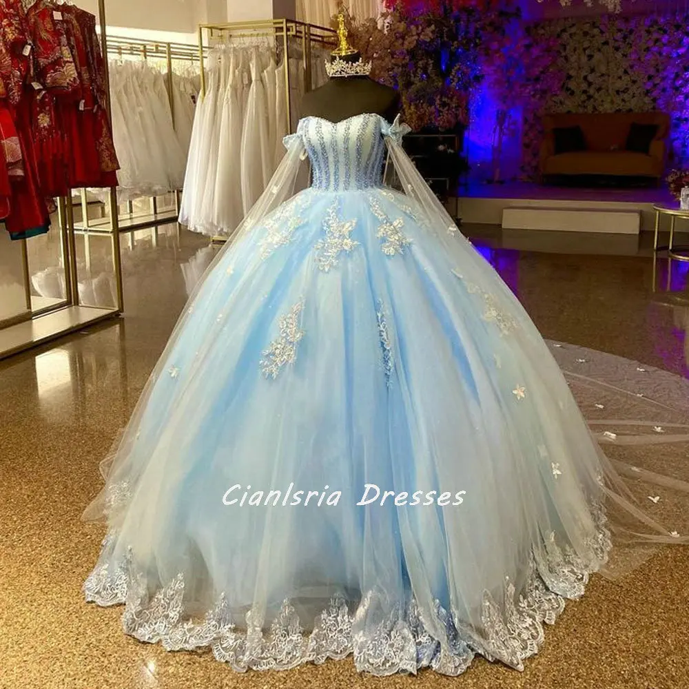 Vestido De quinceañera De Princesa con perlas De cristal azul claro, vestido De bola De capa, apliques De hombros descubiertos, dulce 15 Vestidos De XV Anos