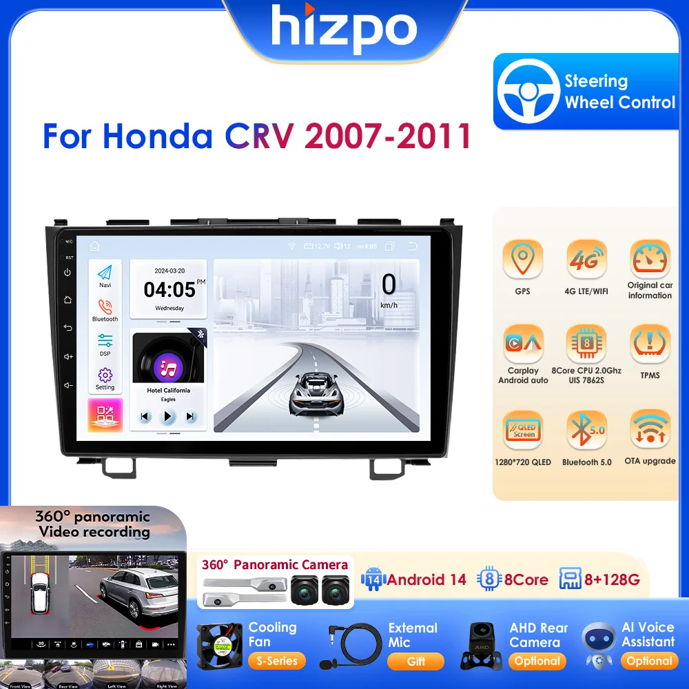 

Hizpo 9-дюймовый автомобильный радиоприемник, мультимедийный плеер, навигация, GPS для Honda CRV 2007–2011 Android 14 Wireless Carplay Stereo DSP RDS BT 2din