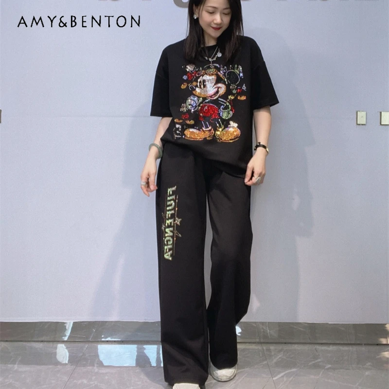 

Women's High-end Fashion 2026 Summer Heavy Craft Rhinestone Short-sleeved T-shirt + Wide-leg Pants Oversized Two-piece Outfit