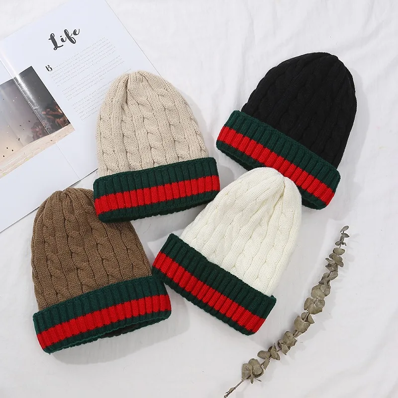 Winter Warm Pullover Hat for Women\'s Twist and Velvet Beanie Fashion Stretch Knit Sweater Hat Hot Stripes Casual Cap for Men