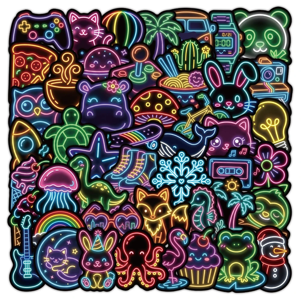 10/30/50pcs Kawaii Neon Animal Cake Food Stickers Cute Cat Frog Rabbit Cartoon Sticker DIY Water Bottle Notebook Phone Decals