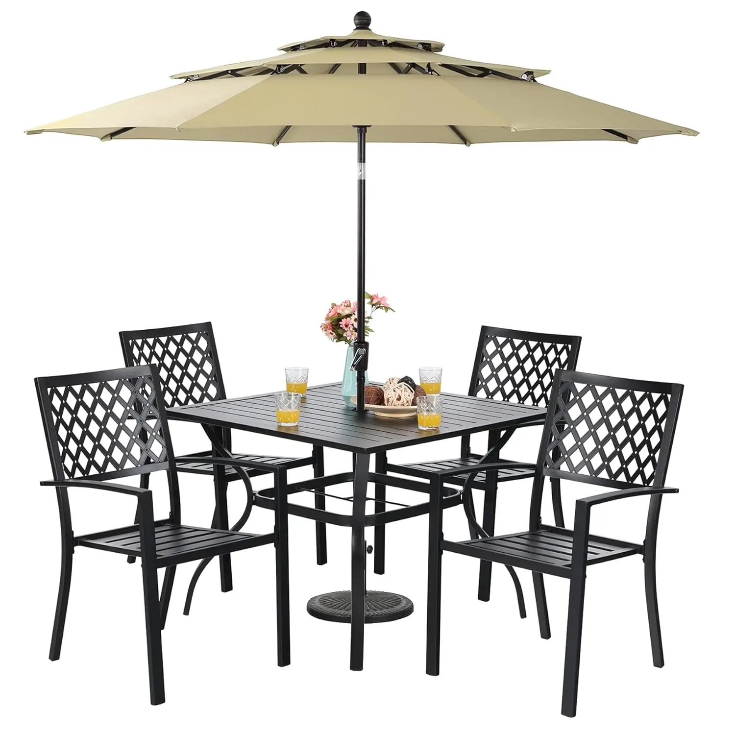 

Металлический обеденный набор для улицы из 6 предметов с 3-уровневым автоматическим зонтом-гирляндой длиной 3 метра (бежевый), 4 металлических уличных стула, 1 шт., на заказ