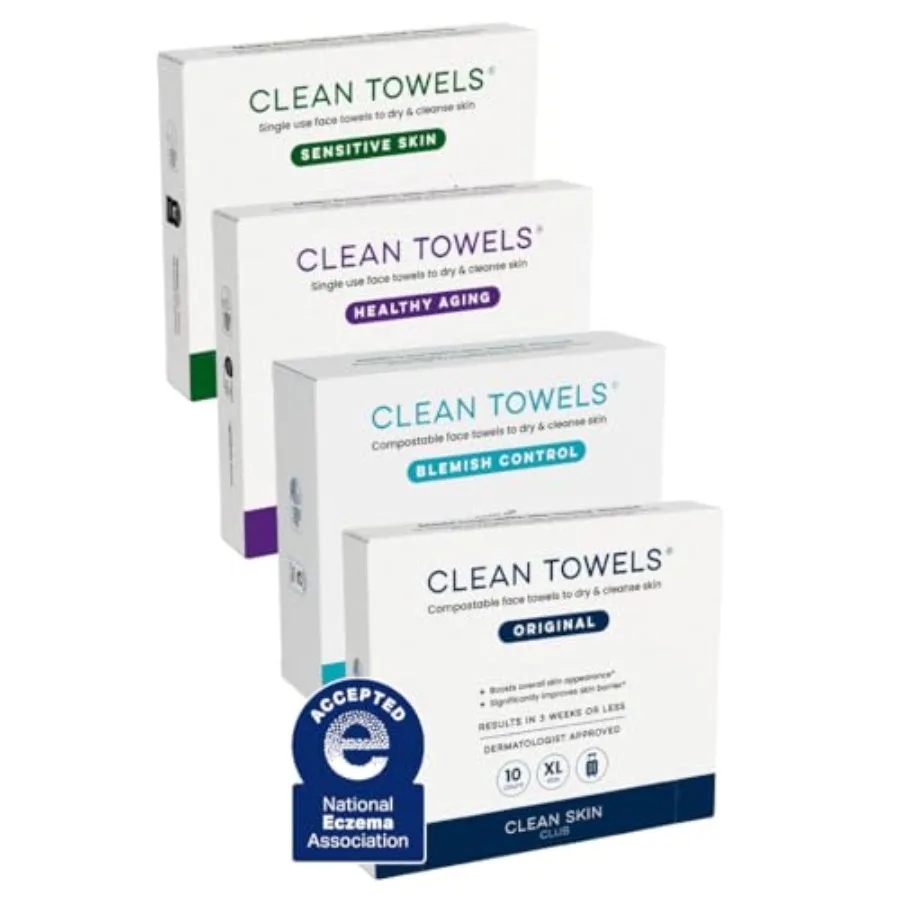 

Clean Towels® XL Variety 4-Pack Travel Set, Disposable Face Towels, Includes Original, Sensitive, Blemish Control and Healthy A