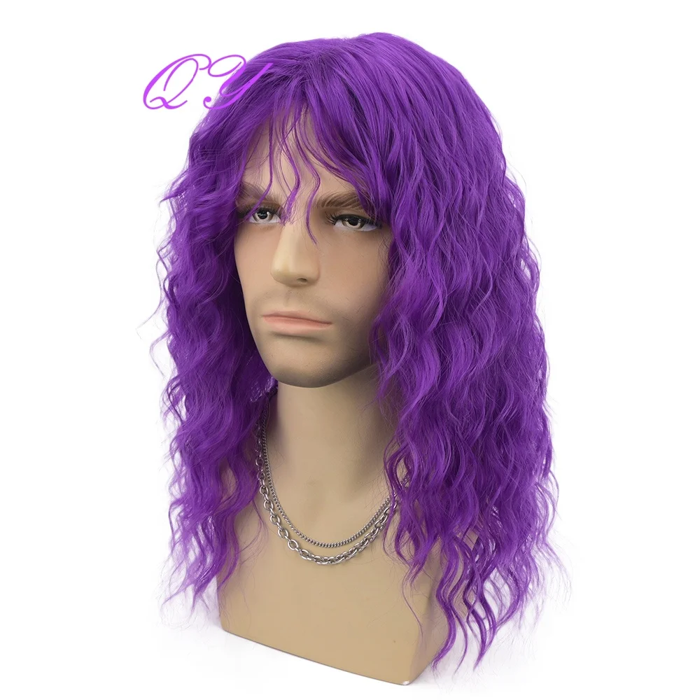 Men's Bright Purple Wavy Wig, Medium Long Synthetic Hair, 80s Rocker Disco Style Wig for Cosplay Costume
