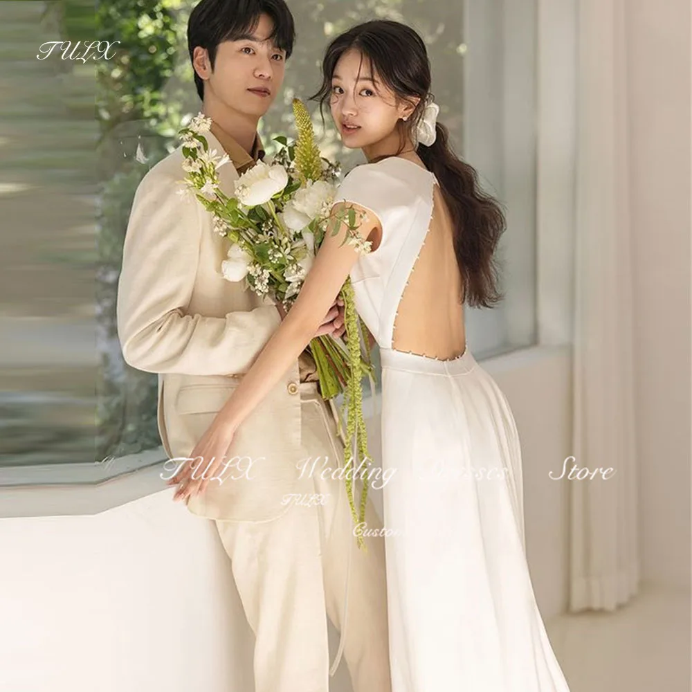 

TULX Elegant Mermaid Satin Wedding Dresses Korea Photo Shoot O Neck Backless Women Bridal Gowns Floor Length 웨딩드레스 Custom Made