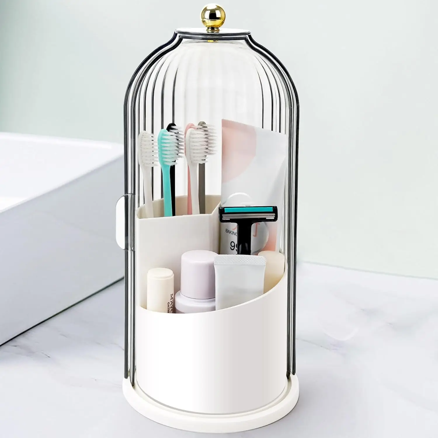

Sliding Lid Toothbrush Holder with Rotating 3 Slots, Bathroom Countertop Organizer for Vanity and Sink