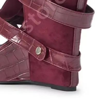 Women Burgundy Crocodile Print Platform Wedge Heel Sandal Boots Open Toe Multi Straps Buckle Gladiator Style Gothic Party Shoes