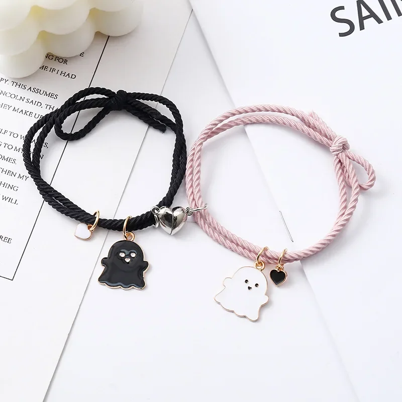 2Pcs/Set Ghost Braided Rope Matching Couple Bracelet for Women Men Romantic Heart Magnetic Distance Bracelets Halloween Jewelry