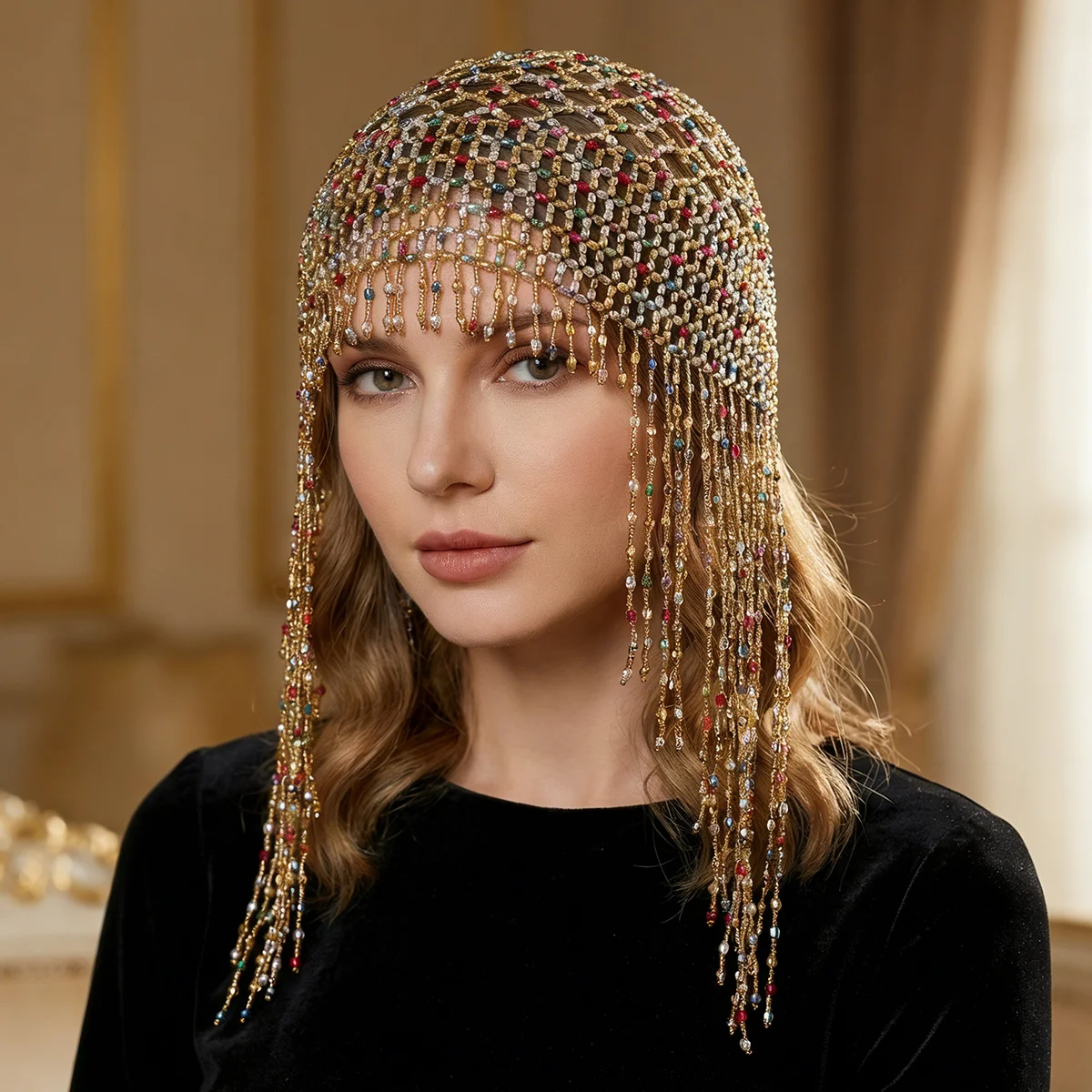 

Эластичный сетчатый головной убор в цыганском стиле с разноцветными гальванизированными бусинами ручной работы и бахромой-кисточками для фестивалей, музыкальных вечеринок и праздников