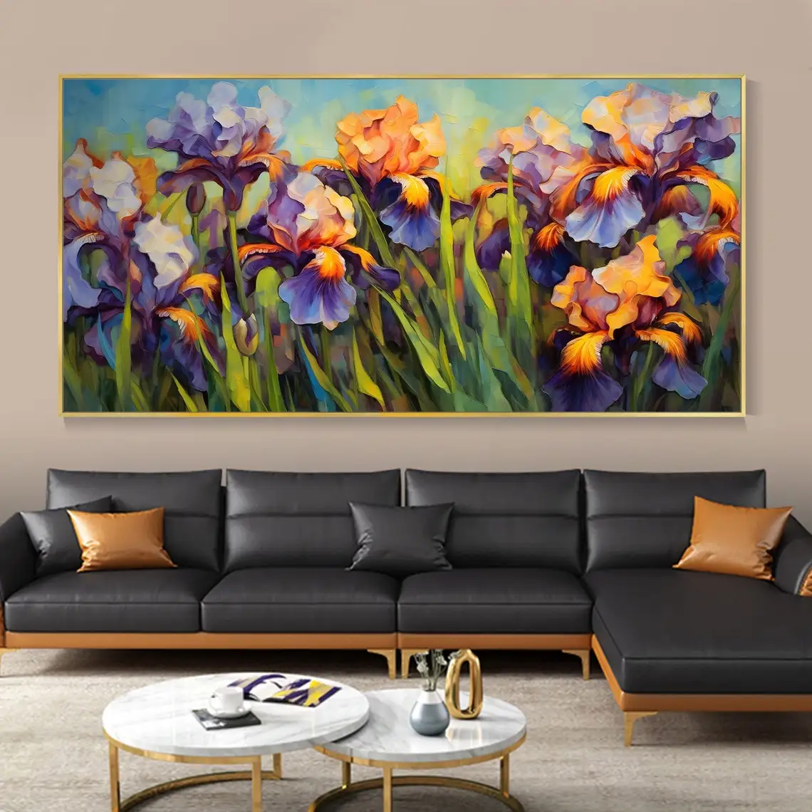 Boho Bloom Flower Field Landscape Painting Large Colorful Textured Hand Knife Painting Abstract Purple Iris Canvas Oil Painting