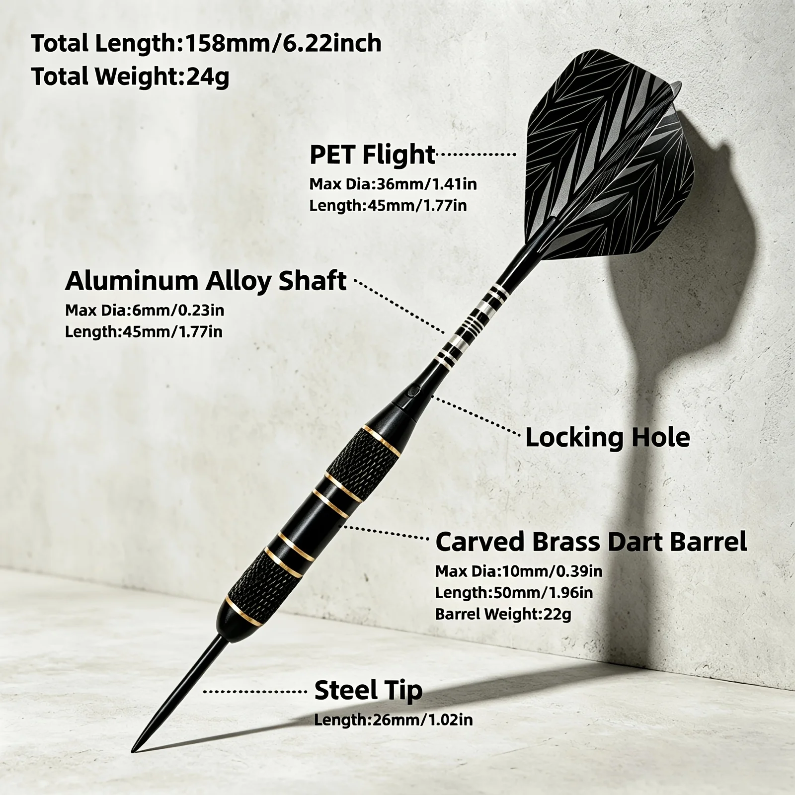 24g Hard Steel Pointed Dart Set, High-Quality Engraved Brass Dart Body, Suitable for Professional and Entertaining Players