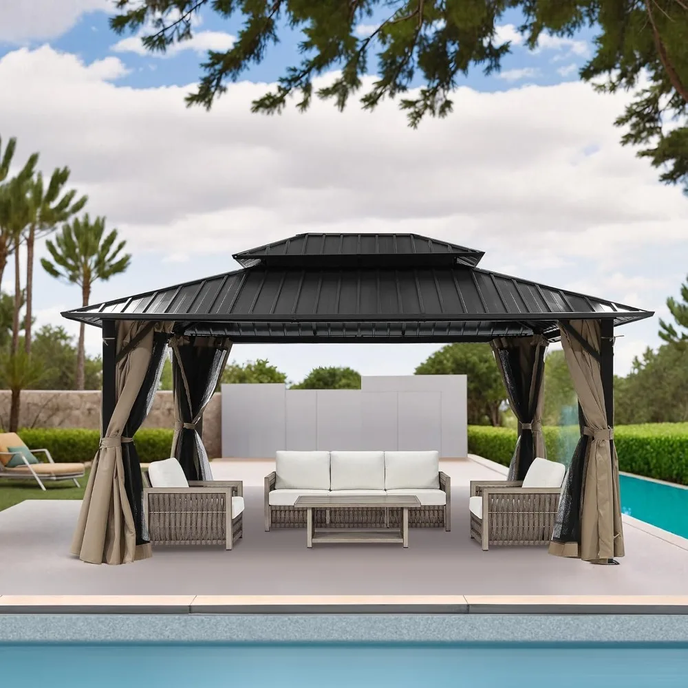 

12' x 16' Hardtop Gazebo, Outdoor Patio Gazebo, Aluminum Frame Patio Hardtop Gazebos with Netting and Curtain, Outdoor Patio