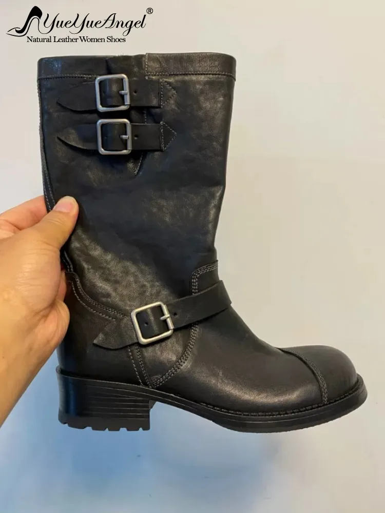Vintage Genuine Leather Knight Boots Women Solid Color Cowhide Handmade High Top Motorcycle Shoes Round Toe Slip On Cowboy Boots