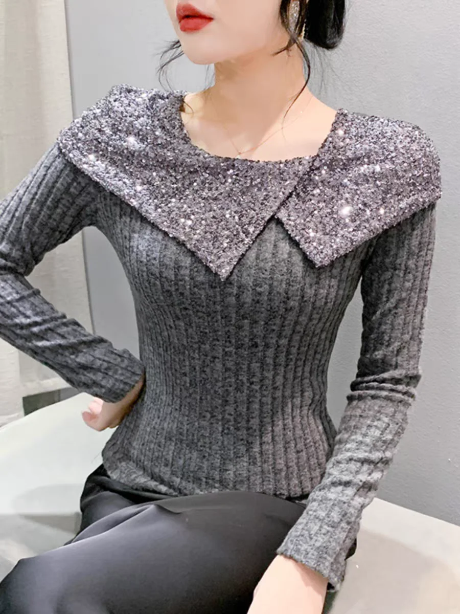 Fashion T Shirts Female Slim Tops New Long Sleeve Spliced Sequined Irregular Round Collar T-shirt Spring Autumn