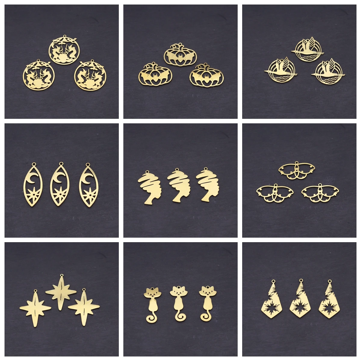 3pcs Leaf Charms DIY Earring Necklace Bracelet Evil Eye Burst Star Goldfish Witch Bat Pumpkin Crane Pendant For Jewelry Making