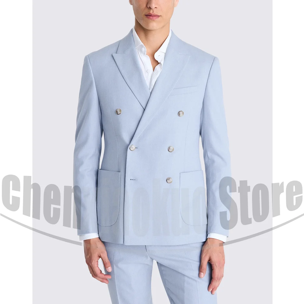 

Ligth Blue Men Suits Double Breasted Peak Lapel Formal Outfits 2 Piece Elegant Groom Wedding Prom Party Male Suit (Blazer+Pants)