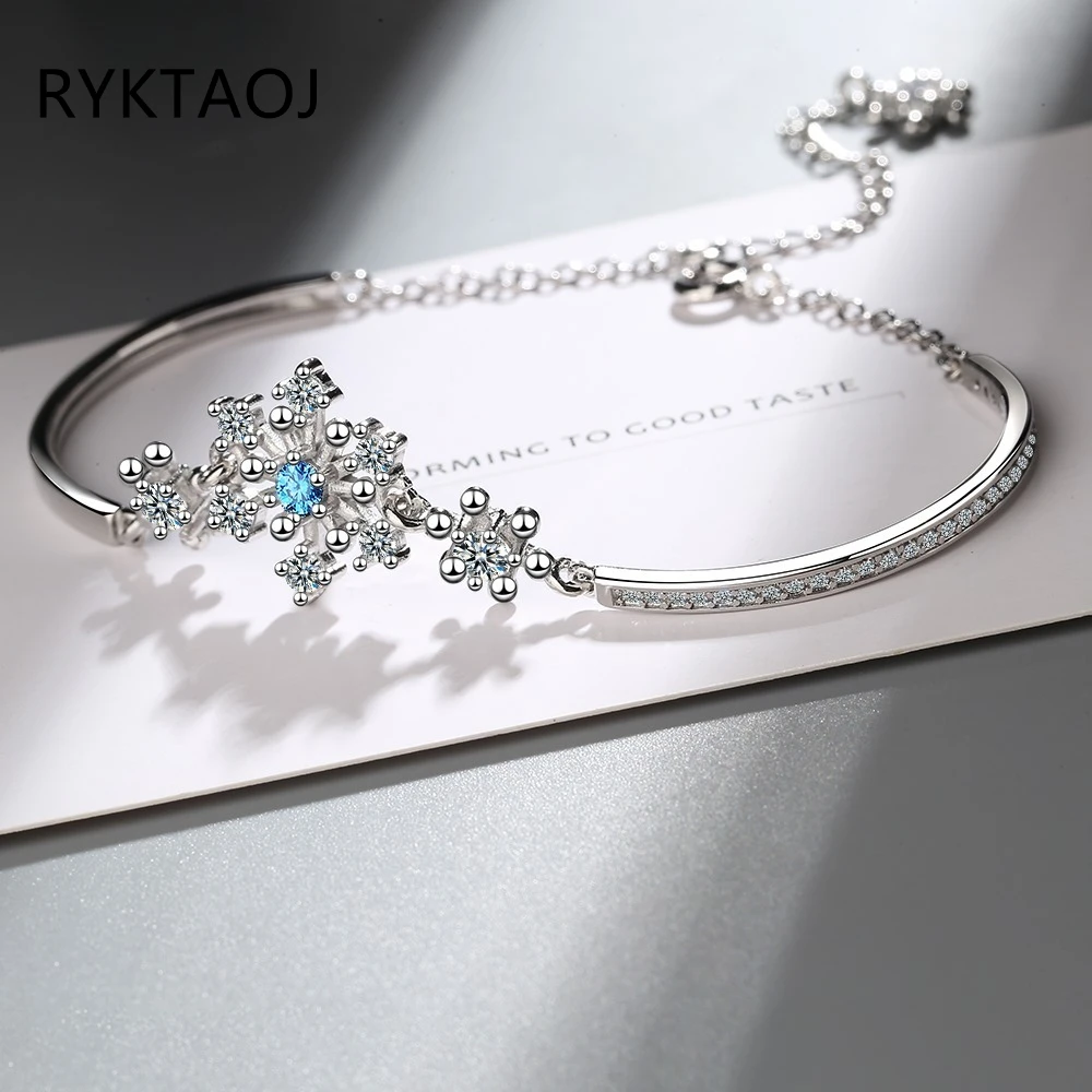 925 Sterling Silver Snowflake Blue CZ Bangle Bracelet for Women Adjustable Extension Chain Zircon Open Bracelet Jewelry Gift