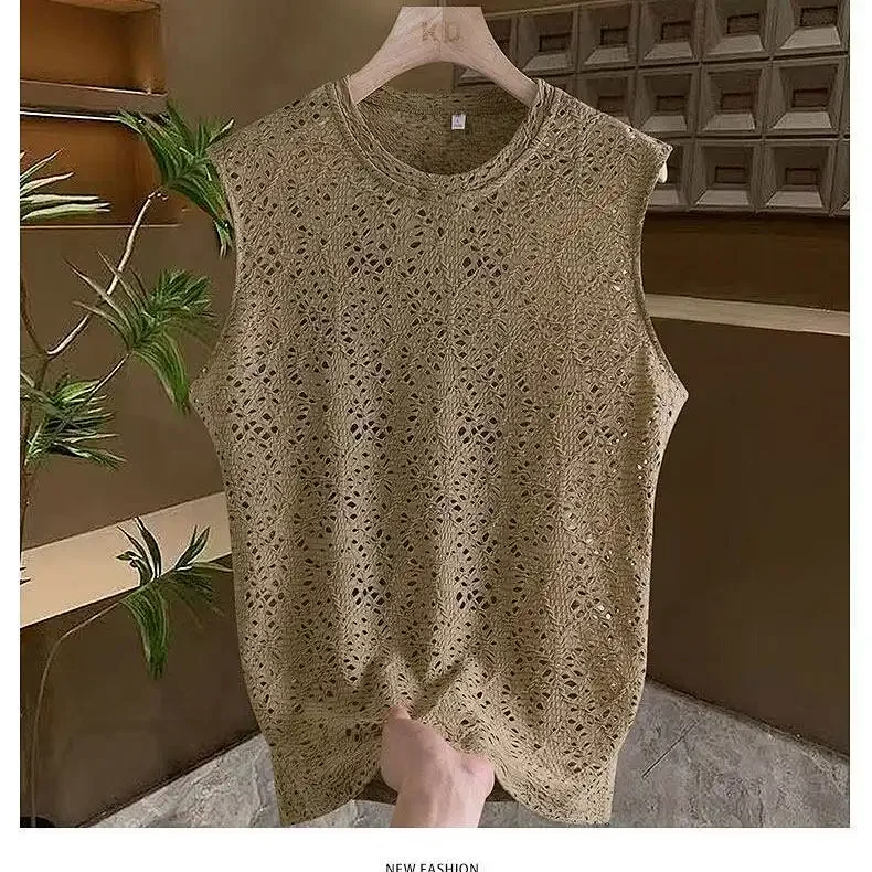 Men Knit Sleeveless Tank Top Casual O Neck Solid Color Summer Daily Wear Breathable Hollow Design