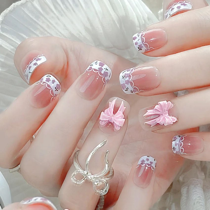 Xiaohong Popular Manicure Wearing Nail Piece Small Fresh Bow Sweet Lace Fake Nail Patch Nail Piece B3
