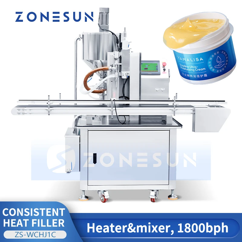 ZONESUN Piston Filler Thick Liquid Filling Machine with Heater Mixer Paste Filler Lotion Detergent Packing Equipment ZS-WCHJ1C