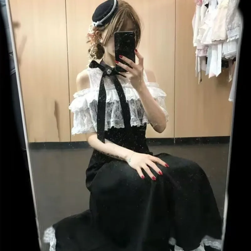 Vintage Japanese Sweet Retro Skinny Cloak Dress Summer New Long Dresses for Women White Moonlight Lace 2025 Women Clothing