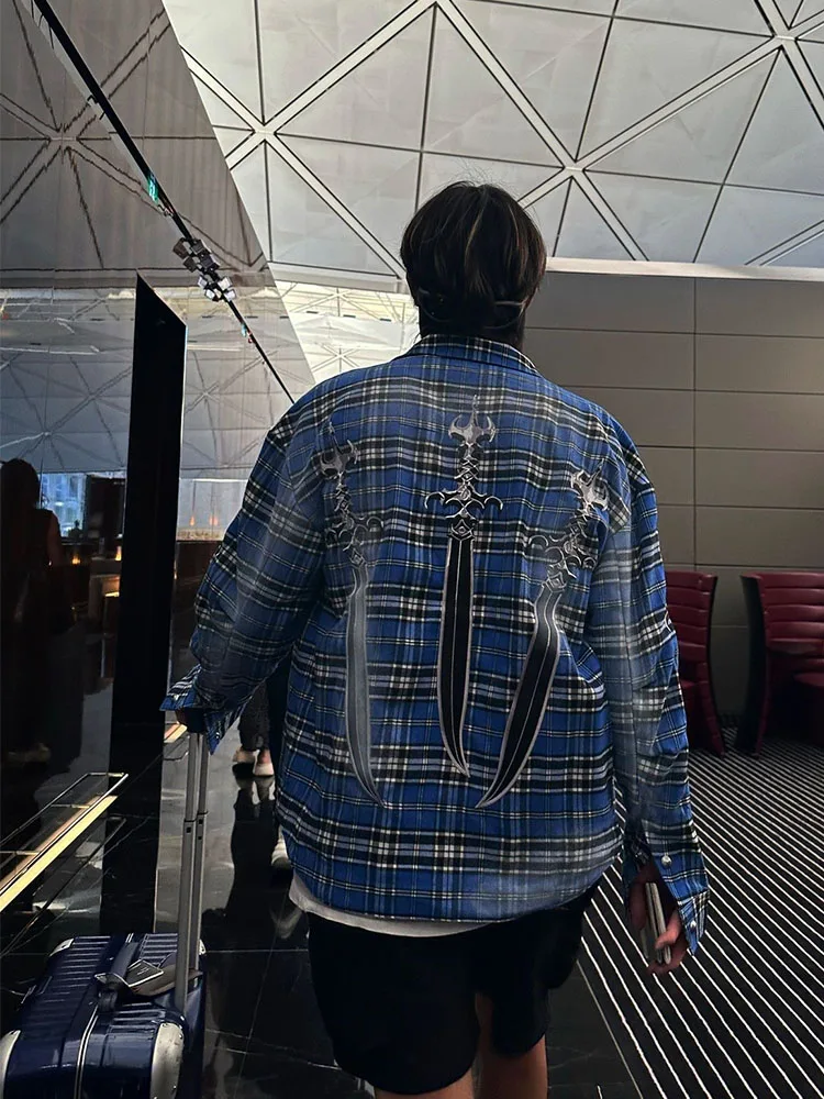 

ThugClub Heavy Industries Old Dyed Blue Checked Sword Embroidered Shirt Jacket
