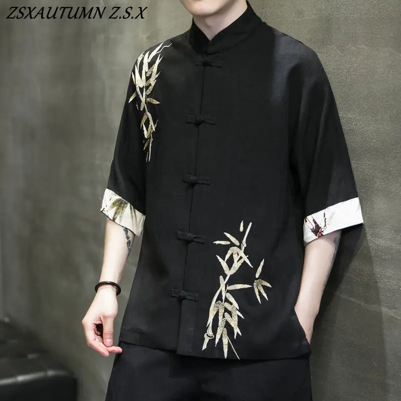 Tang Suit Men Chinese Style Summer Thin Cotton Linen Embroidery Shirt Trend Loose Hanfu Tops Large Size Shirt Vintage  Casual