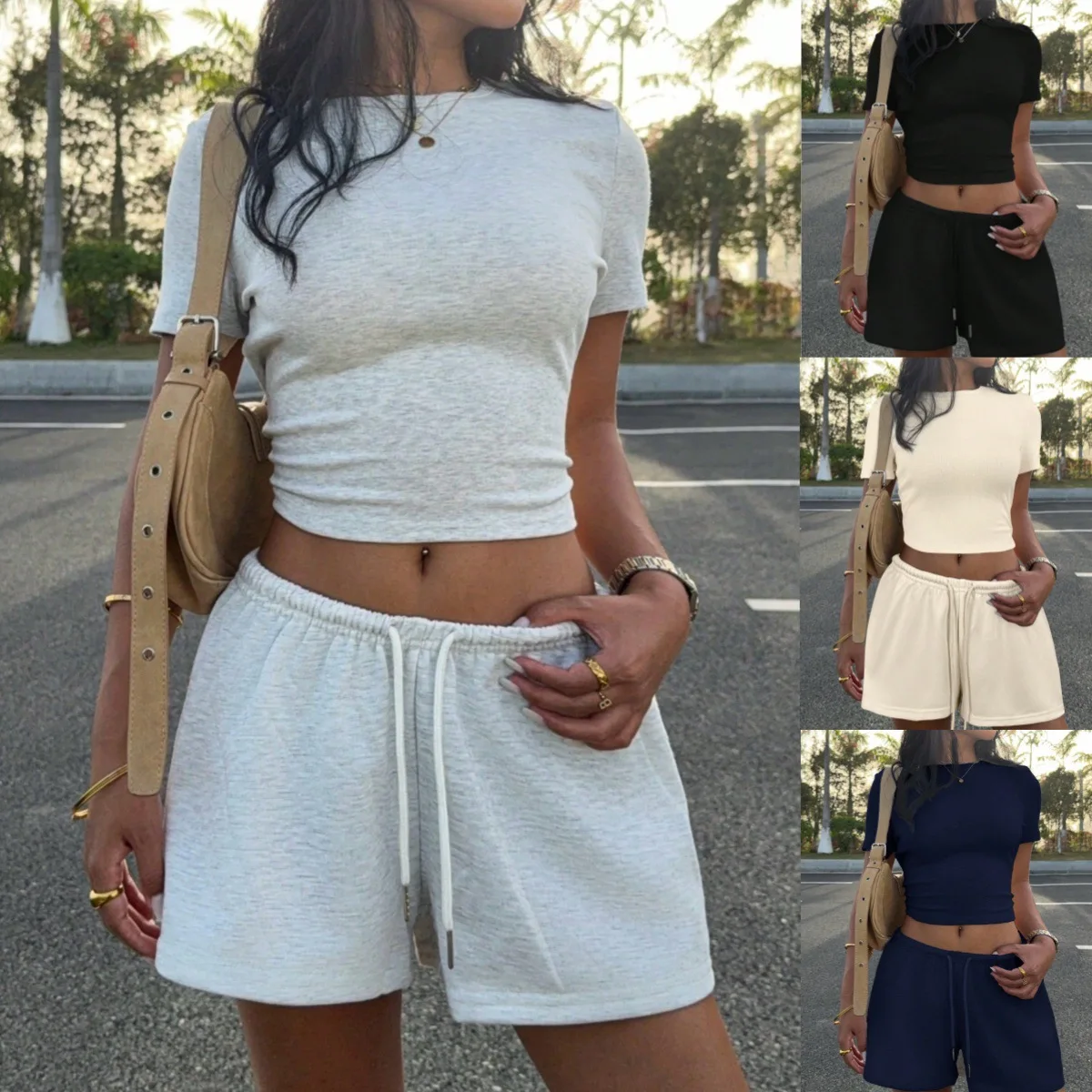DSMTRC Summer Casual New in Matching Suits for Women Clothes Solid Basic Short Sleeve Crop Top+Drawstring Shorts 2pcs Streetwear
