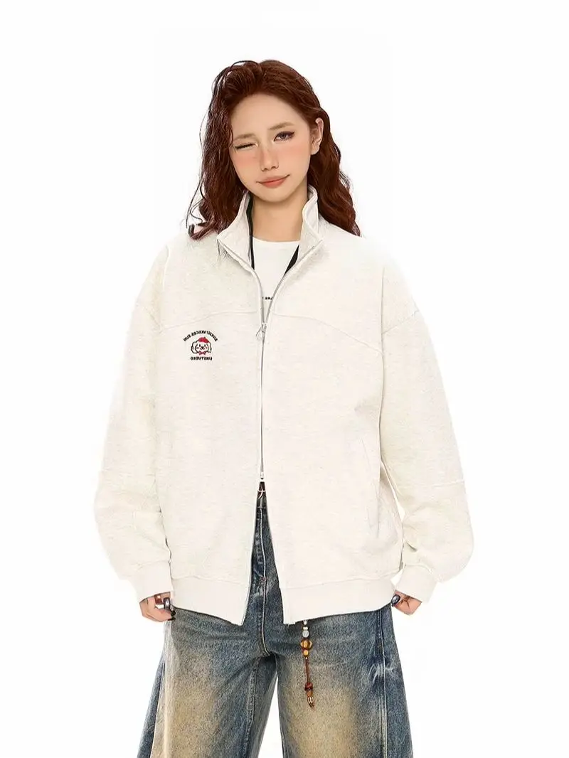 韓国風カーディガンジャケット 秋 オーバーサイズ カレッジカジュアル スタンドカラー 長袖 無地 ルーズスウェットシャツ 多用途ウェア