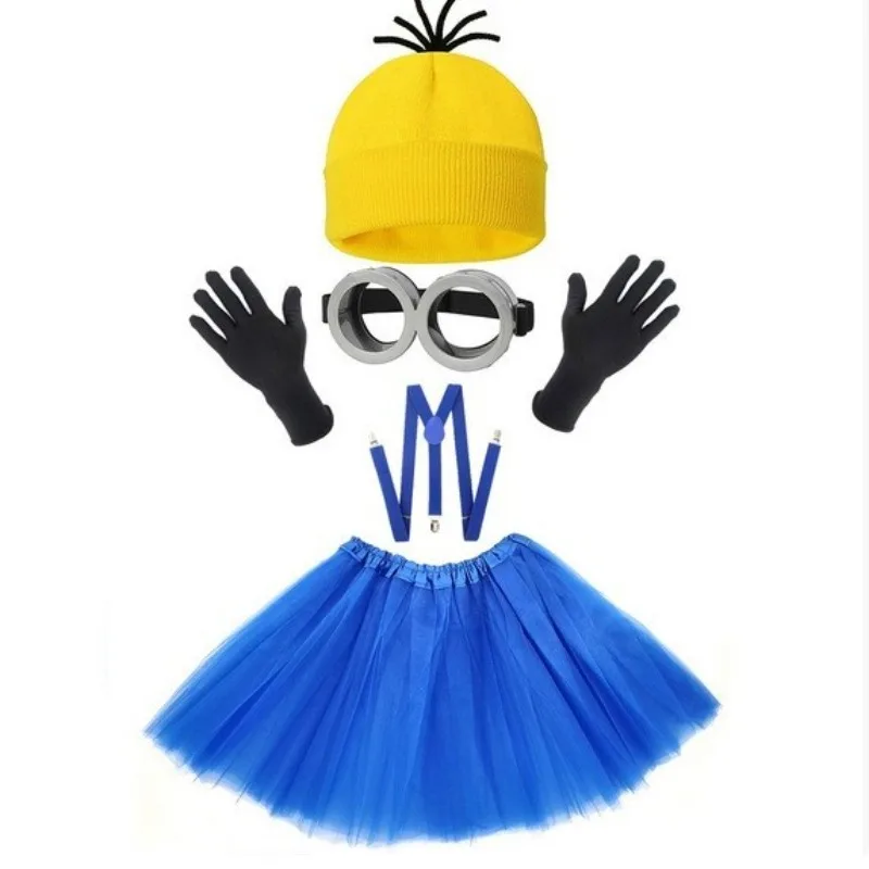 

Minions Knitted Hat Gloves Goggles Tulle Skirt and Shoulder Strap Set Adult Costume Dress Up Accessories for Party Cosplay