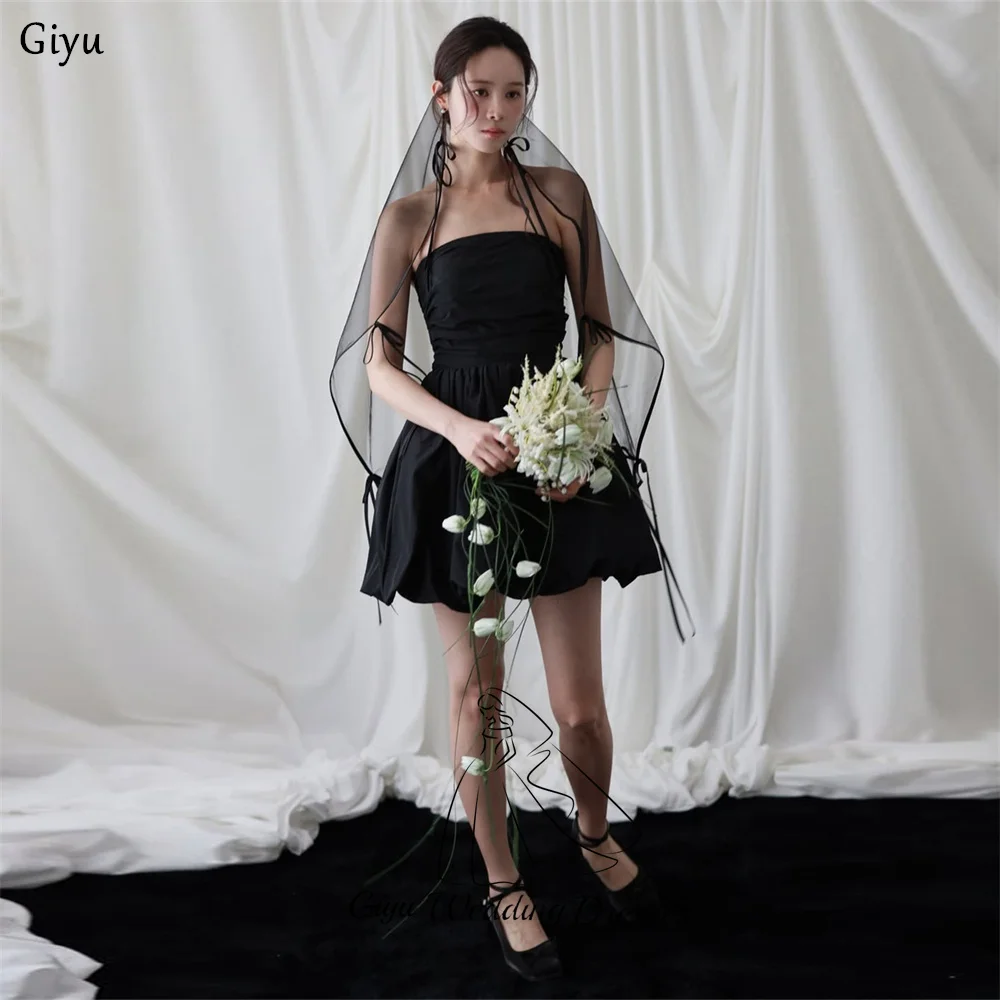Giyu Simple Black Mini-Length Korea Wedding Photo Shoot Dress Strapless Sleeveless Party Dress Customized Pleat Prom Gown ﻿ ﻿