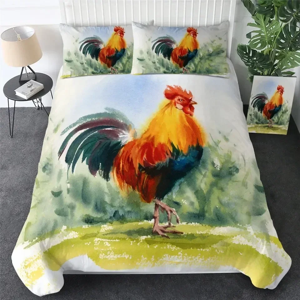 

Chicken Duvet Cover King Queen Size Watercolor Rooster Bedding Set for Kids Teens Adults Farm Animal Polyester Comforter Cover