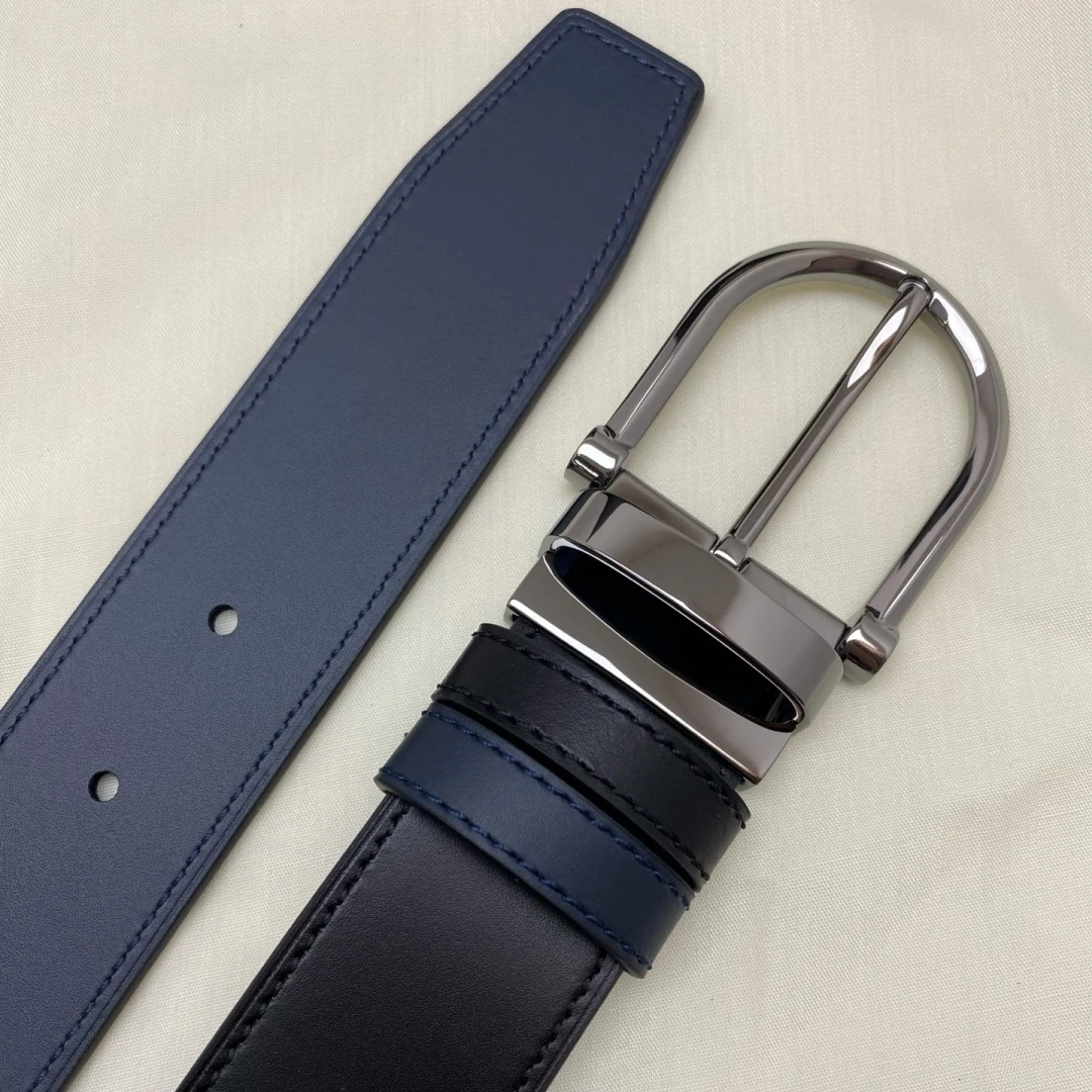 Luxury Brand Men's Reversible Leather Belt Rotatable D‑Shape Pin Buckle Business Formal Waist Strap Black Navy Blue Two‑Sided