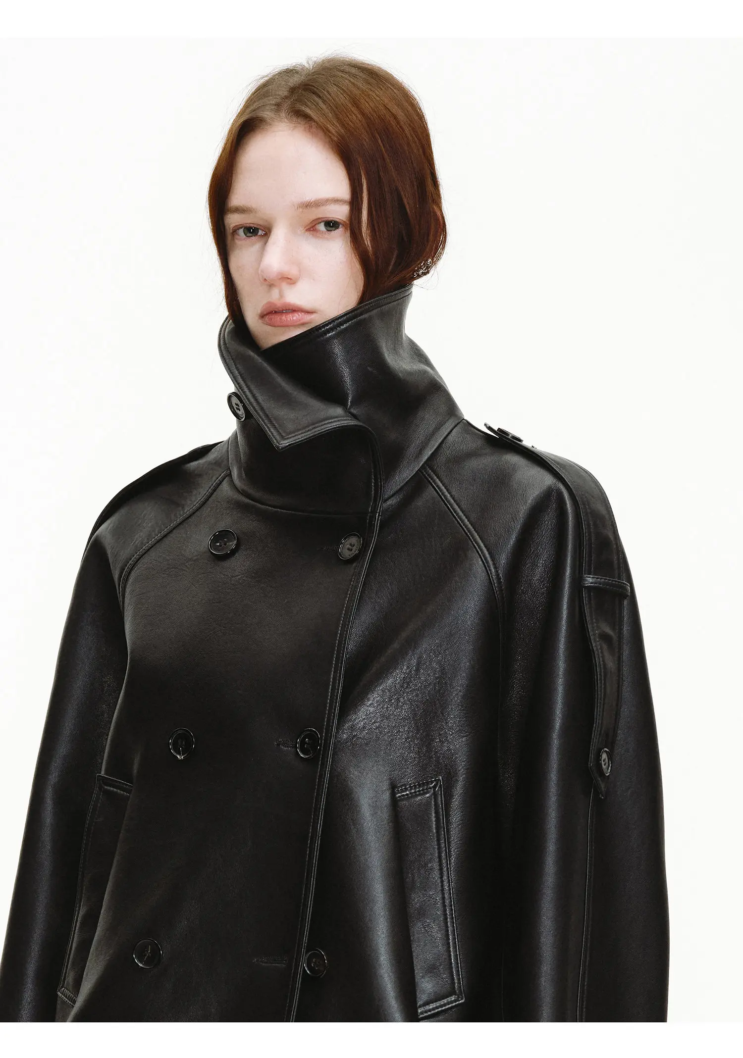 Lautaro Spring Autumn Cool Handsome Oversized Black Pu Leather Jackets for Women Double Breasted Luxury Designer Clothes Fashion