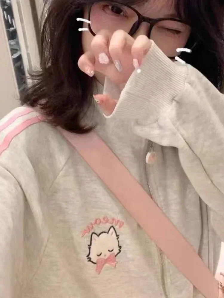 HOUZHOU-Sudadera con capucha y cremallera para mujer, suéter de gran tamaño con bordado de gato rosa, estilo Harajuku, Kawaii, moda japonesa,