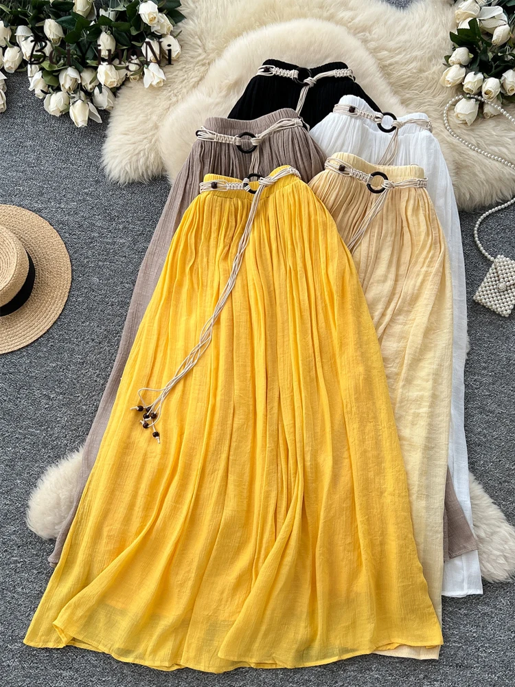 Beiyingni Kpop High Waist Skirt Women Sashes Retro Cotton Linen Pleated Skirts Ladies 2026 Fashion Vacation Flowy Long Faldas