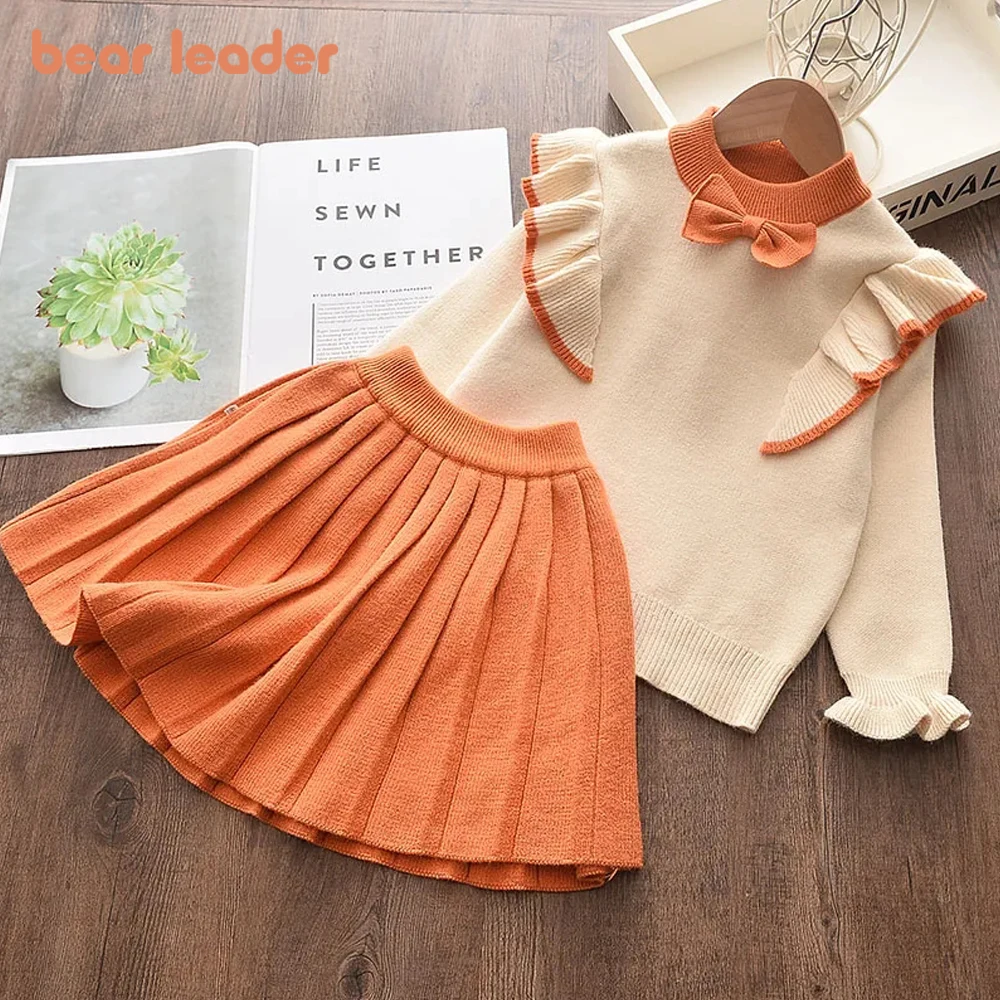 Bear Leader Casual Girls Dress Knitting Kids Suit Winter Long Sleeves Princess Top and Skirt 2pcs Outfits Sweater Kids Clothes