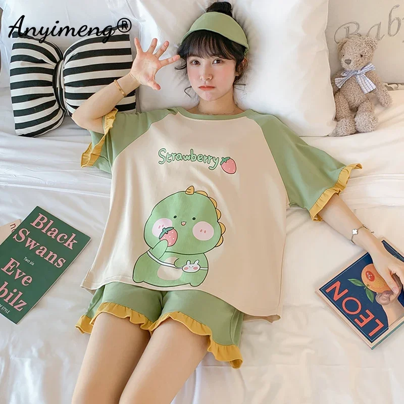 Kawaii Cartoon Dinosaur pigiama Set per donna estate M-5XL ragazze pantaloncini moda Loungewear donna Cute Pijamas Lady Sleepwear